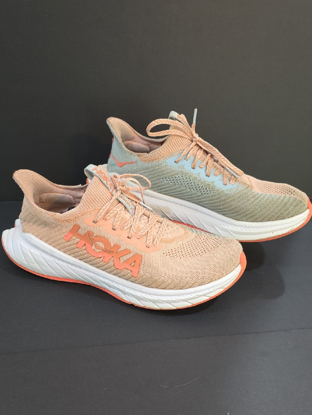 Hoka Carbon X 3 Women's Peach and Pale Green Knit Running Sneakers Size 9